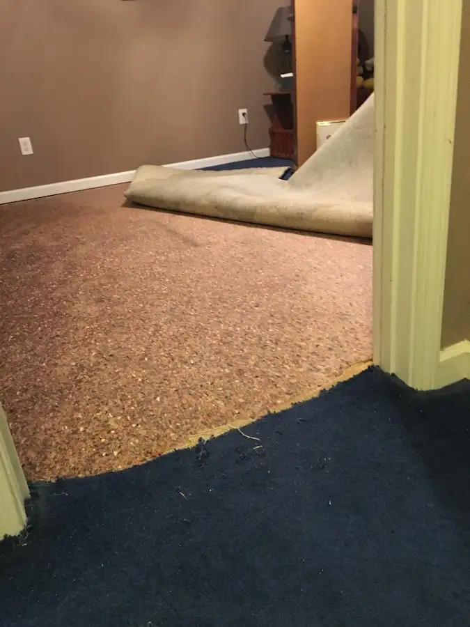 Carpet pad removal revealing water damage during Drying & Dehumidification in Batavia